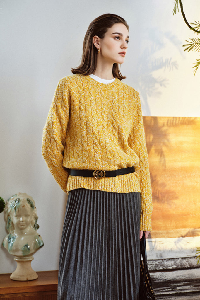 100% Cashmere Marled Slub Cable Crewneck Sweater  Fibflx