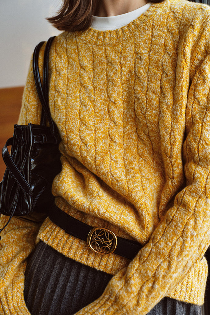 100% Cashmere Marled Slub Cable Crewneck Sweater  Fibflx