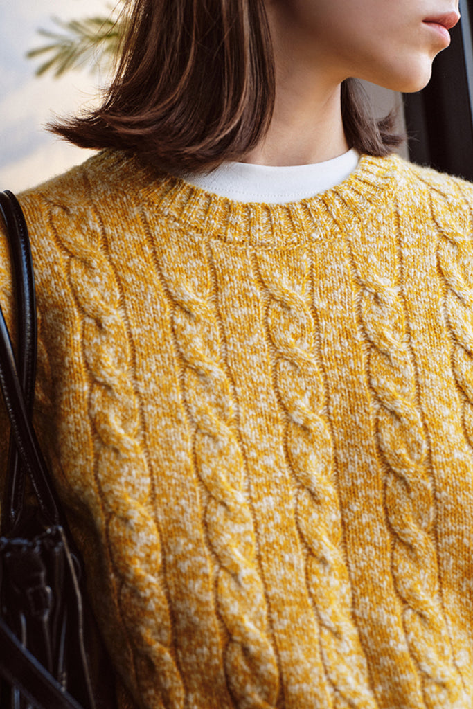 100% Cashmere Marled Slub Cable Crewneck Sweater  Fibflx