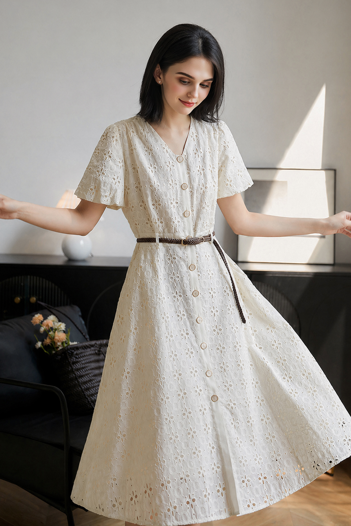 100% Cotton A Line Eyelet Fit & Flare Midi Dress No Belt Ivory / XS