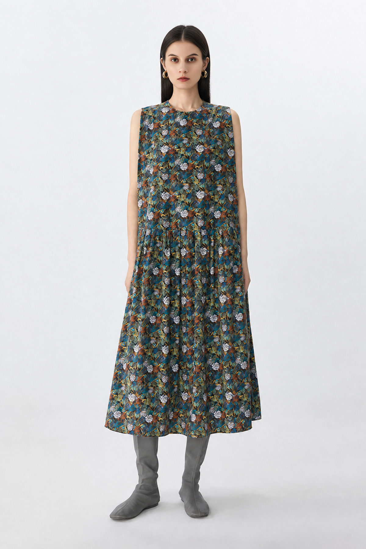 100% Cotton Floral Print Sleeveless Midi Dress Plains Green / S