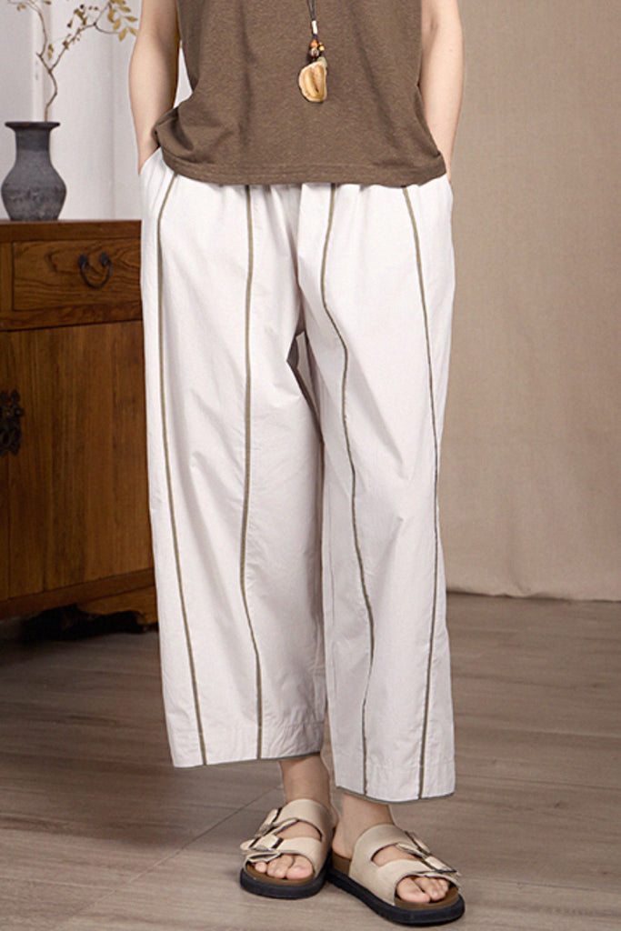 100% Cotton Striped Wide-Leg Cropped Pants White / L Fibflx