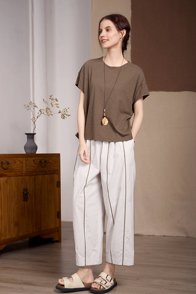 100% Cotton Striped Wide-Leg Cropped Pants  Fibflx