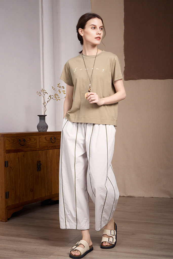 100% Cotton Striped Wide-Leg Cropped Pants  Fibflx