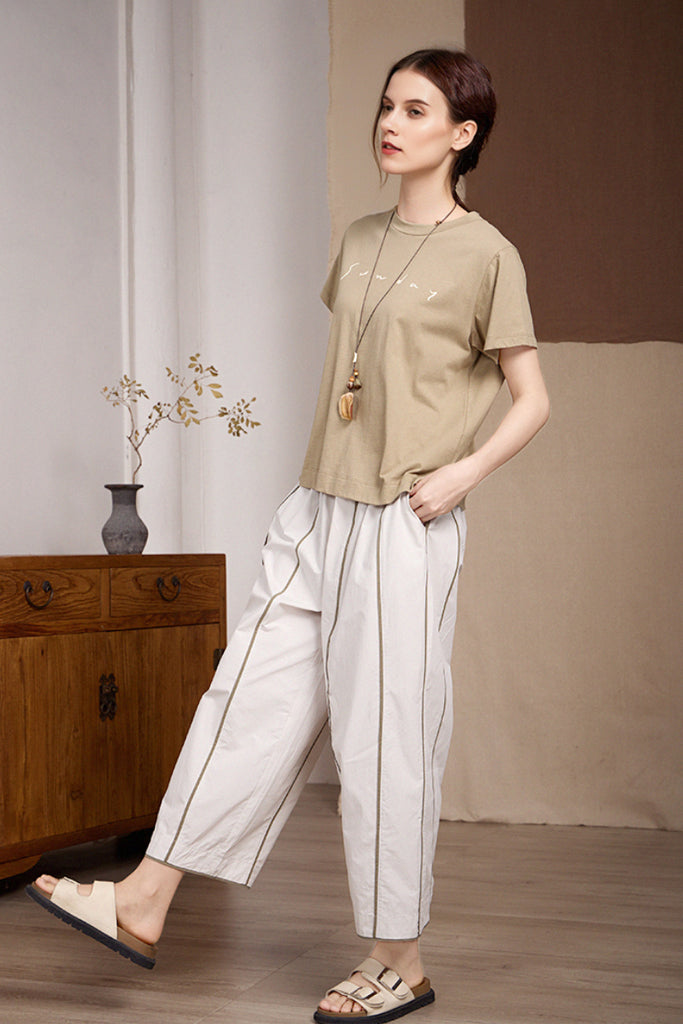 100% Cotton Striped Wide-Leg Cropped Pants  Fibflx