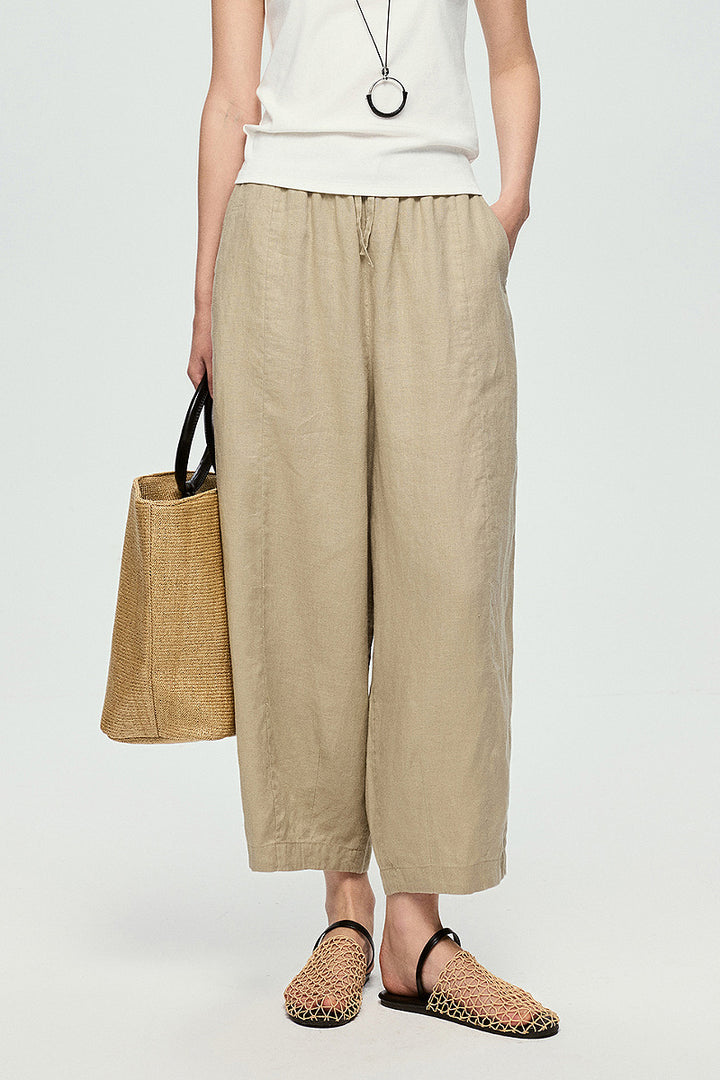 100% European Linen Cropped Pull-On Pants Oak Beige / M Fibflx