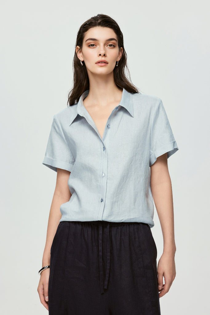 100% European Linen Relaxed Short-Sleeve Shirt  Fibflx