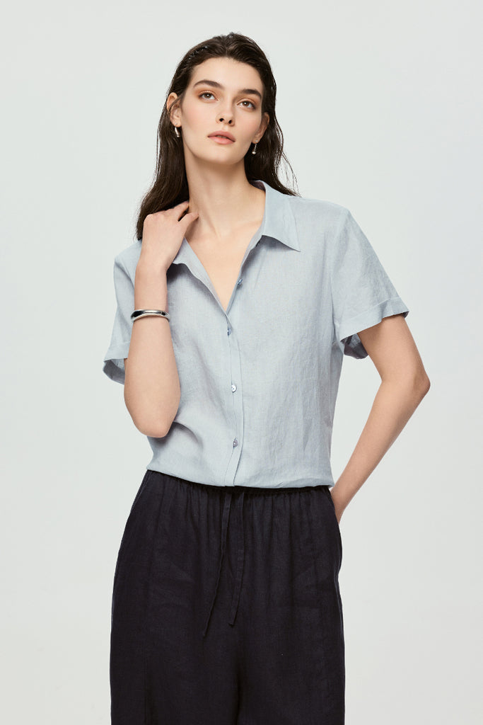 100% European Linen Relaxed Short-Sleeve Shirt  Fibflx