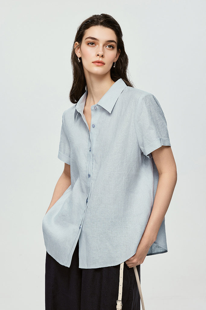 100% European Linen Relaxed Short-Sleeve Shirt  Fibflx