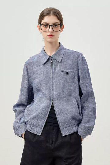 100% Italian Solbiati Linen Glen Check Double-Zip Bomber Jacket - Fibflx