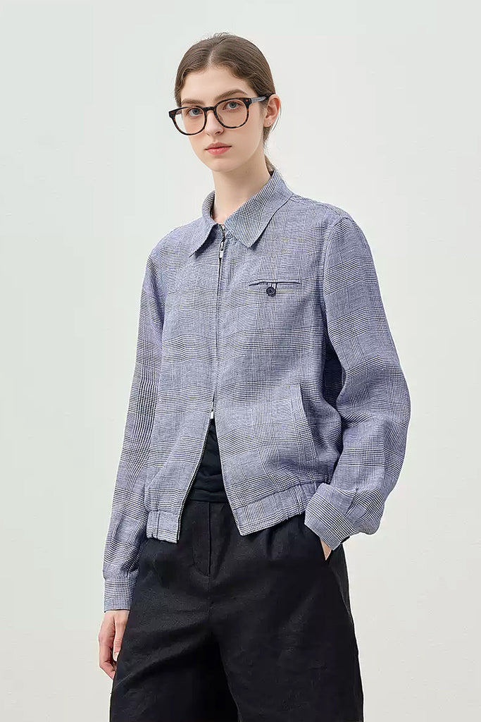 Italian Solbiati Linen Glen Check Double-Zip Bomber Jacket  Fibflx