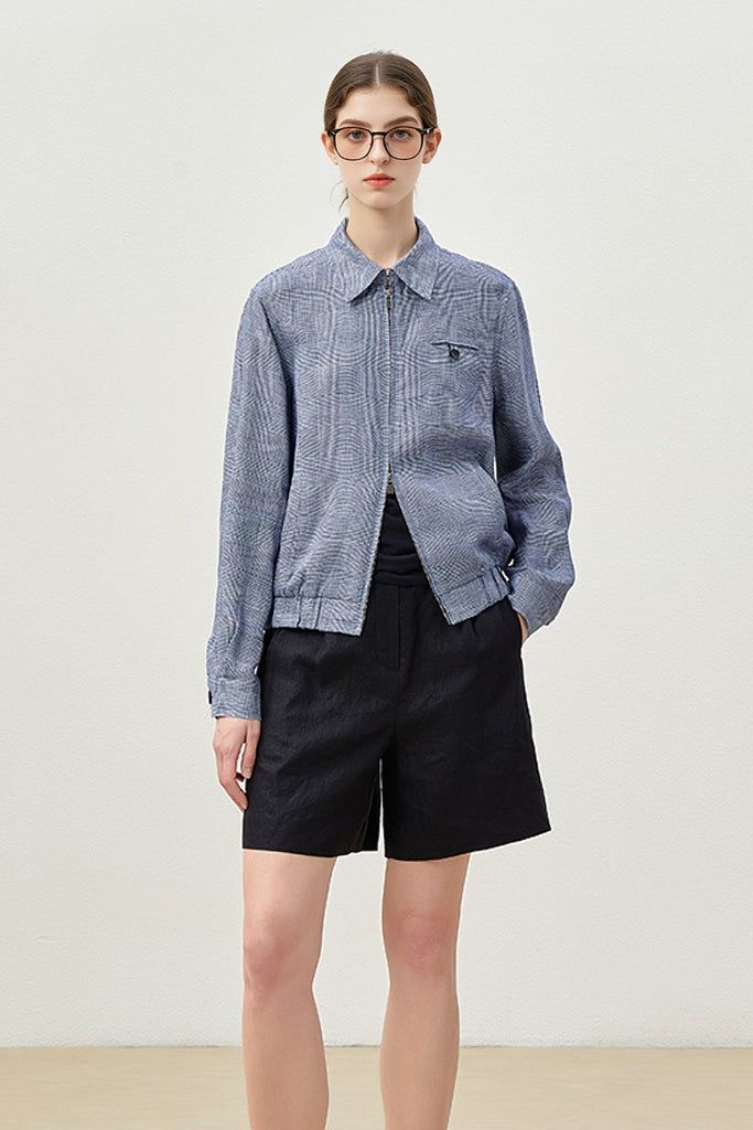 Italian Solbiati Linen Glen Check Double-Zip Bomber Jacket  Fibflx