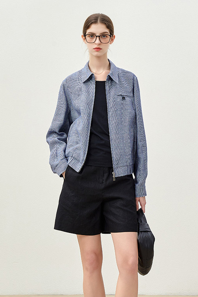 Italian Solbiati Linen Glen Check Double-Zip Bomber Jacket  Fibflx