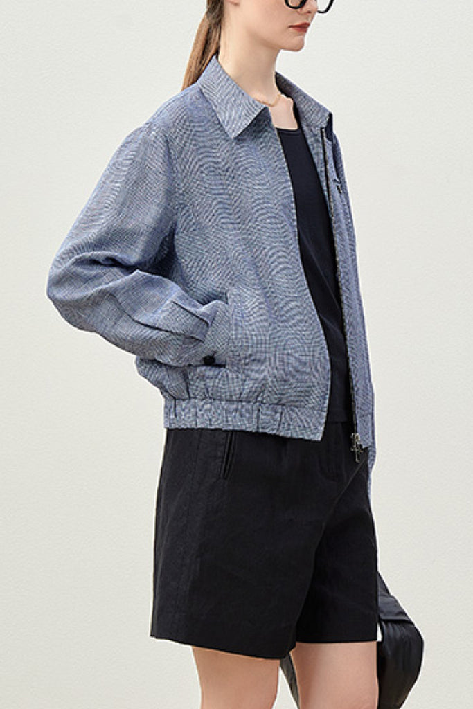 Italian Solbiati Linen Glen Check Double-Zip Bomber Jacket  Fibflx