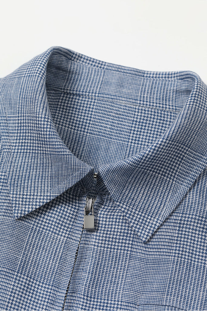 Italian Solbiati Linen Glen Check Double-Zip Bomber Jacket  Fibflx