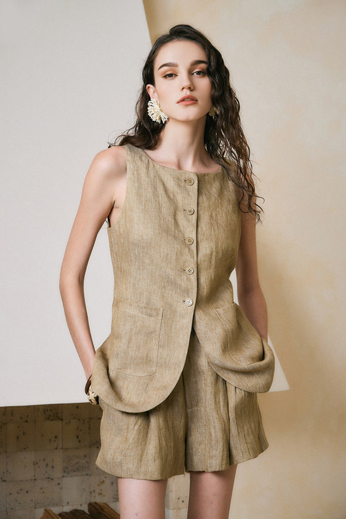 100% Linen Three Piece Vest Set with Shorts and Pants - Fibflx