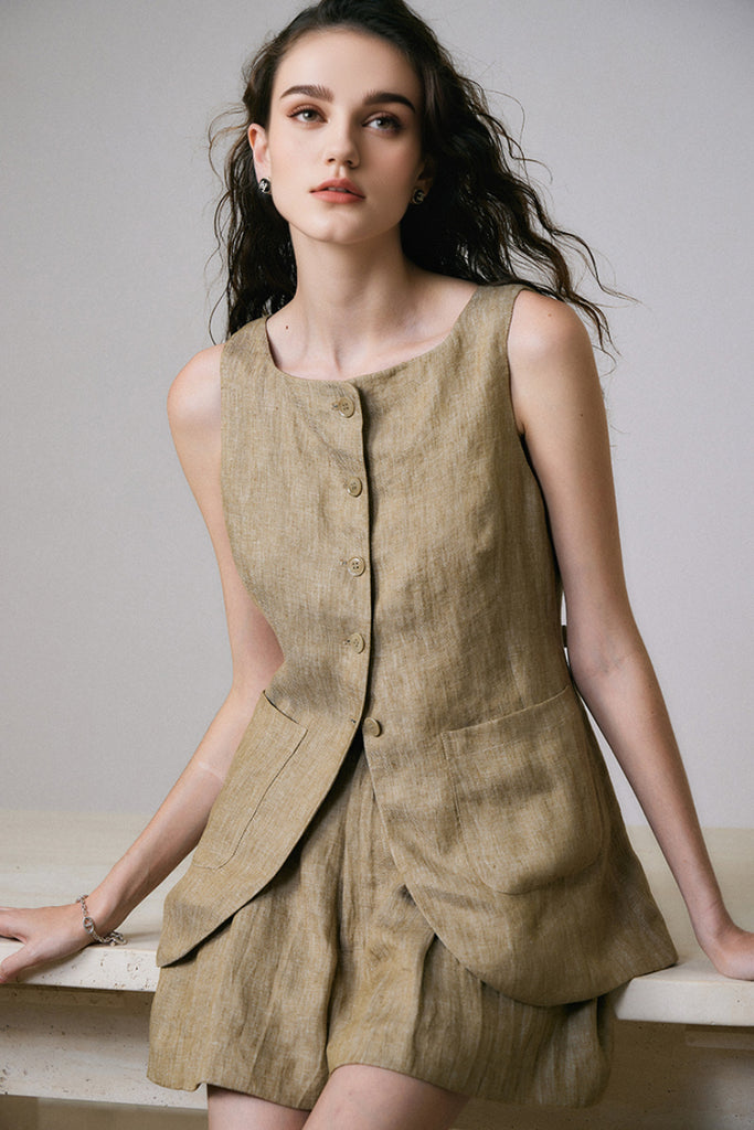 100% Linen Three Piece Vest Set with Shorts and Pants  Fibflx