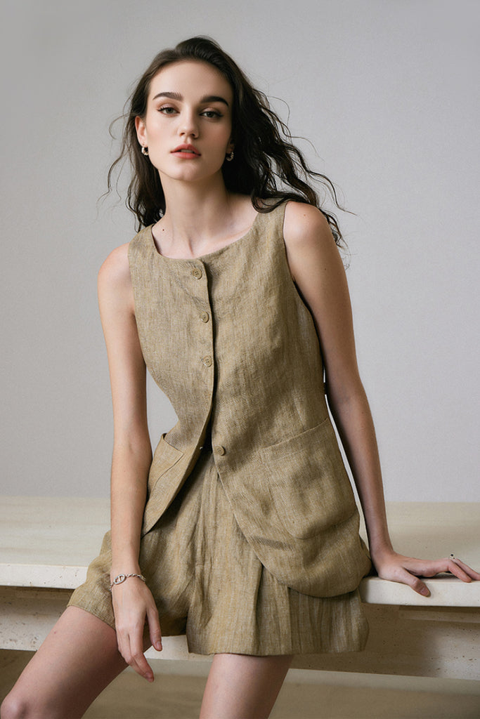 100% Linen Three Piece Vest Set with Shorts and Pants  Fibflx