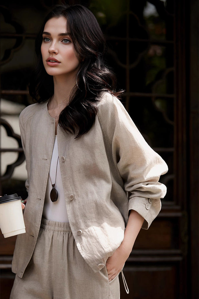 100% Linen Collarless Button-Up Jacket Heather White / L Fibflx