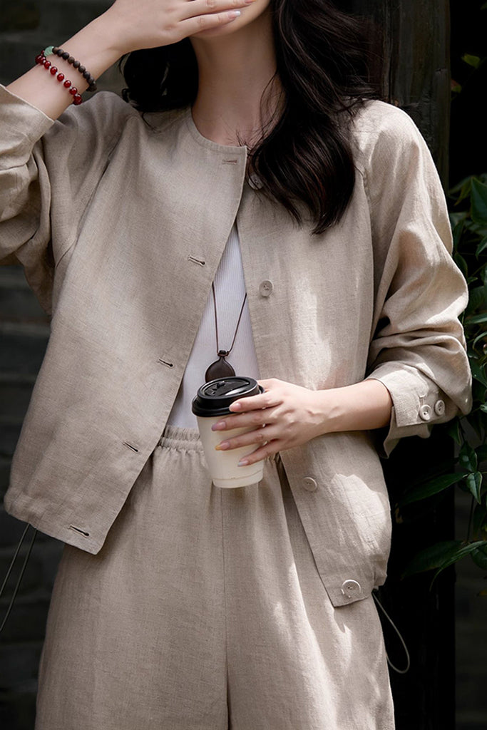100% Linen Collarless Button-Up Jacket  Fibflx
