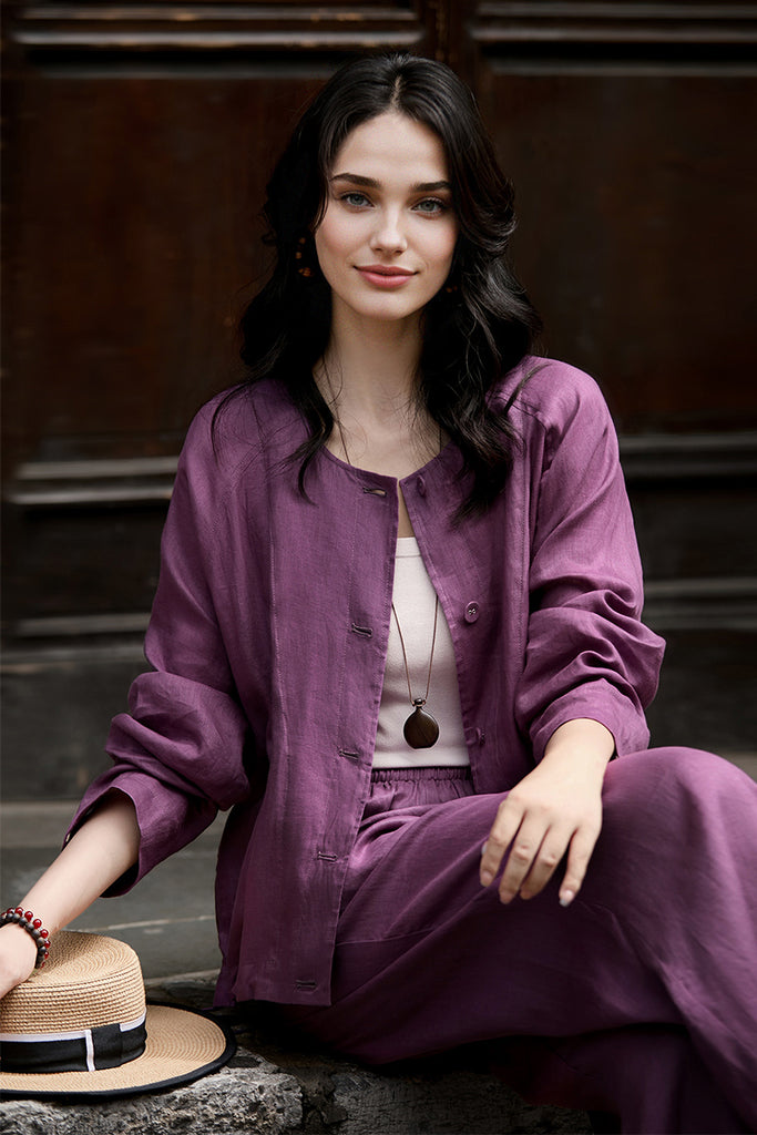 100% Linen Collarless Button-Up Jacket - Fibflx