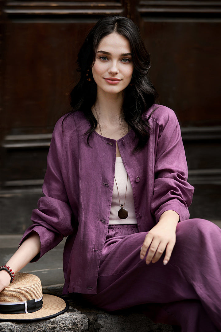 100% Linen Collarless Button-Up Jacket Spring Purple / L Fibflx