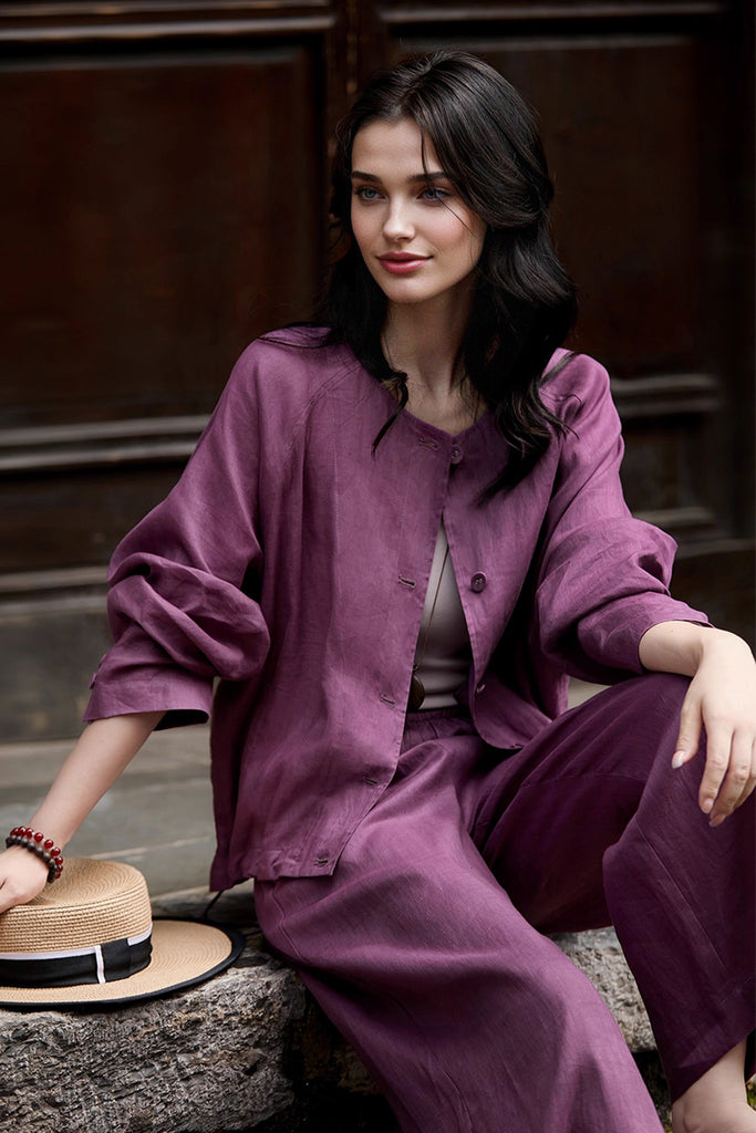 100% Linen Collarless Button-Up Jacket  Fibflx