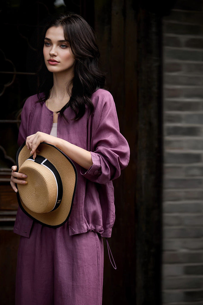 100% Linen Collarless Button-Up Jacket  Fibflx