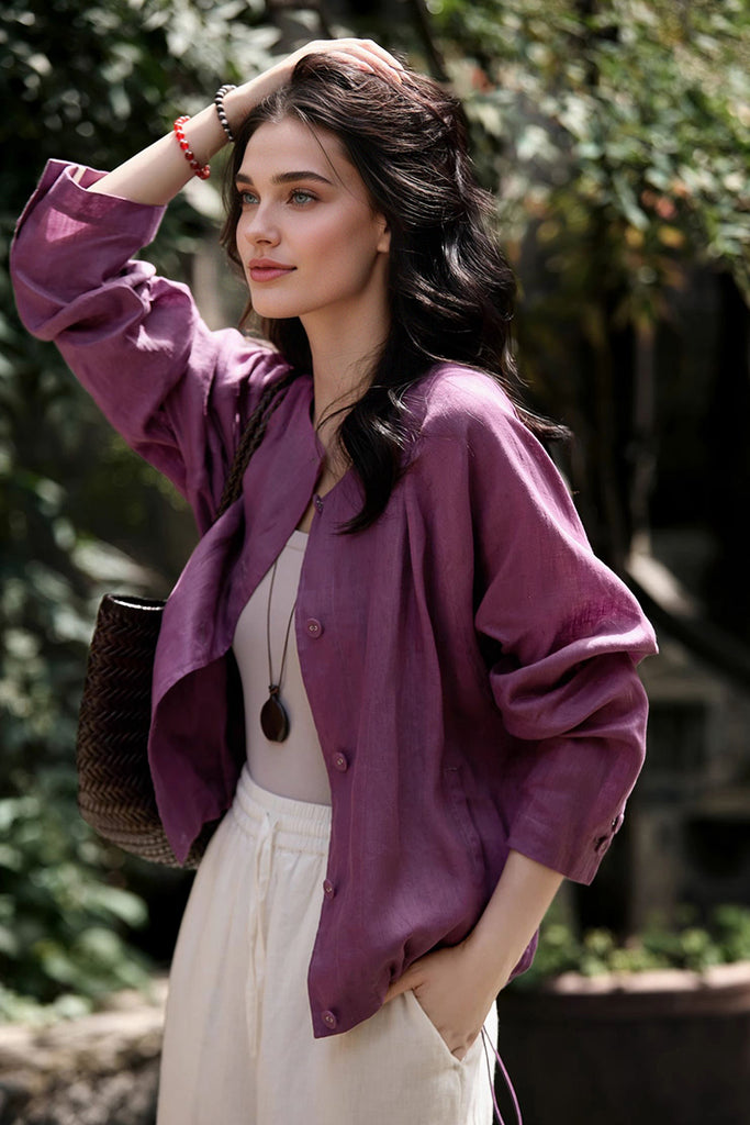 100% Linen Collarless Button-Up Jacket  Fibflx