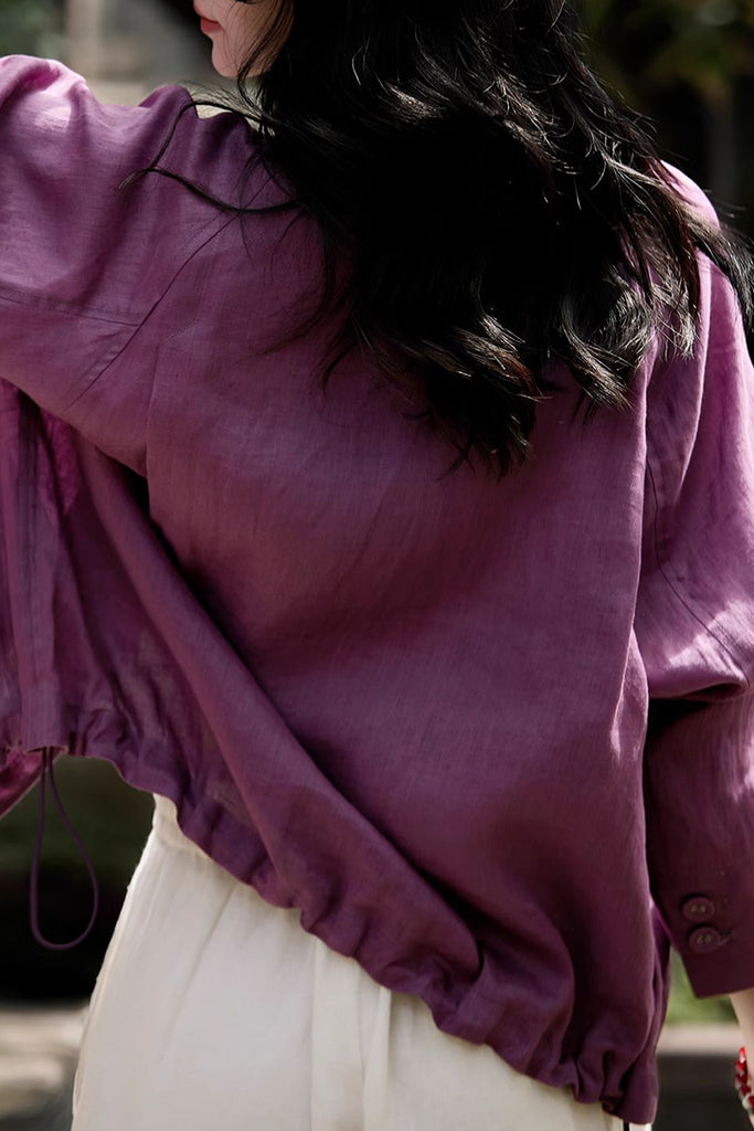 100% Linen Collarless Button-Up Jacket  Fibflx