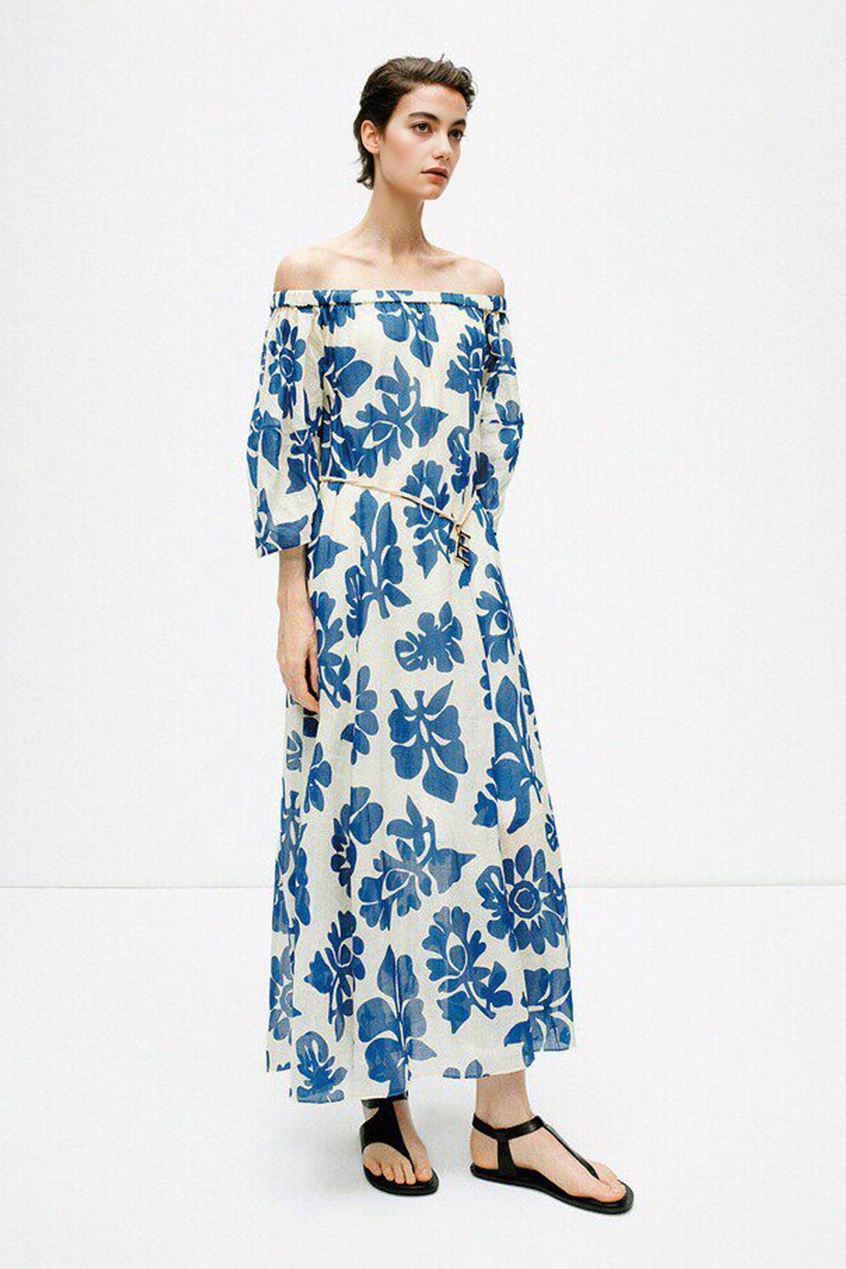 100% Linen Floral Fit & Flare Midi Dress with Pockets | FIBFLX