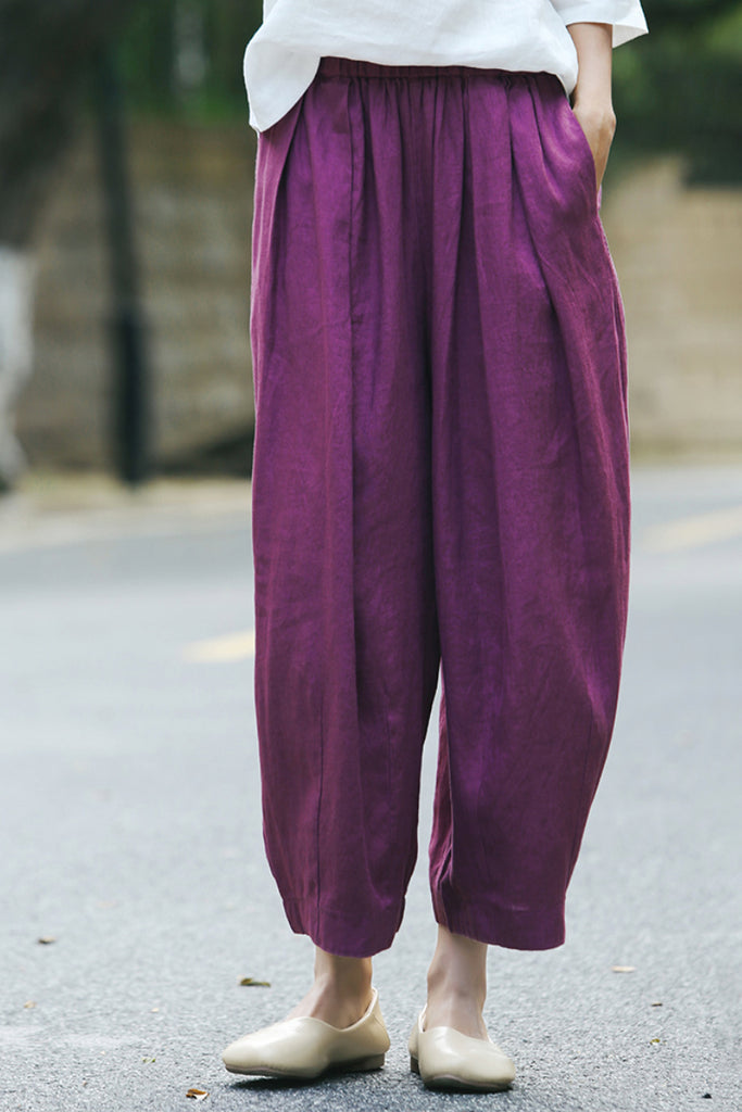 100% Linen Pleated Crop Balloon Pants - Fibflx