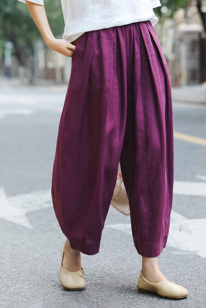 100% Linen Pleated Crop Balloon Pants  Fibflx