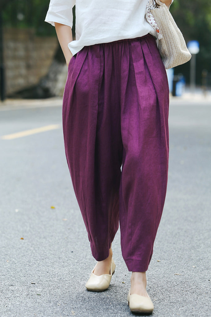 100% Linen Pleated Crop Balloon Pants  Fibflx