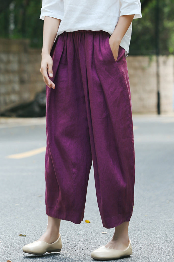 100% Linen Pleated Crop Balloon Pants  Fibflx