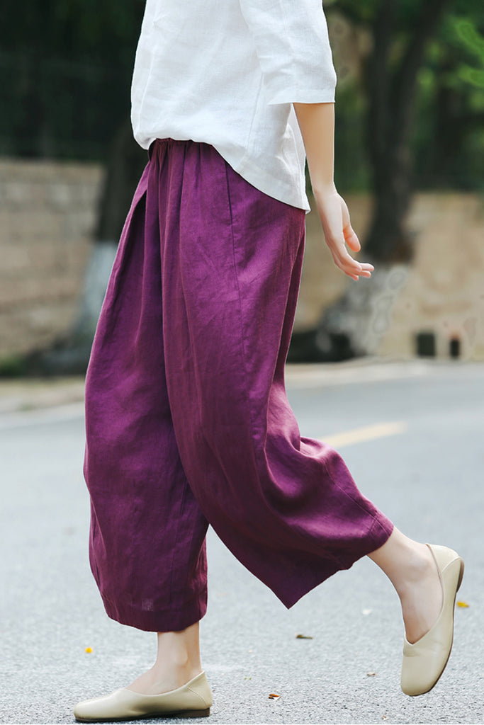 100% Linen Pleated Crop Balloon Pants  Fibflx