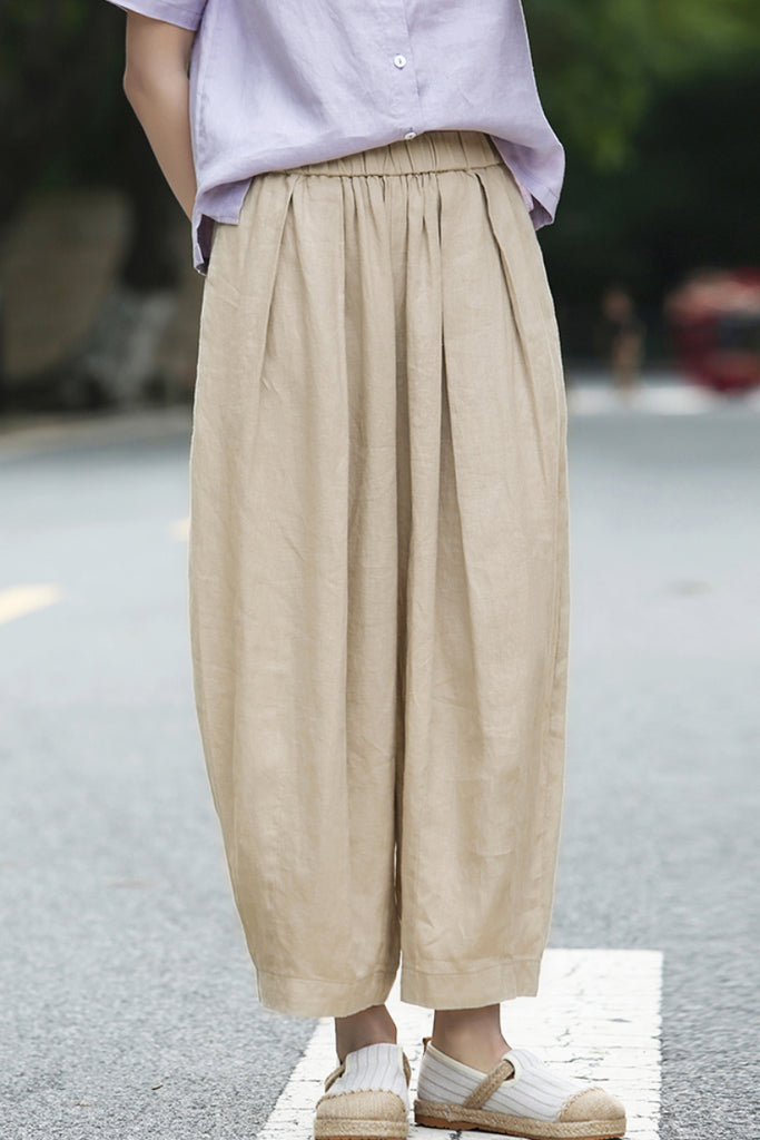 100% Linen Pleated Crop Balloon Pants Oatmeal Beige / L Fibflx