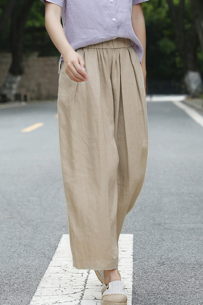 100% Linen Pleated Crop Balloon Pants  Fibflx