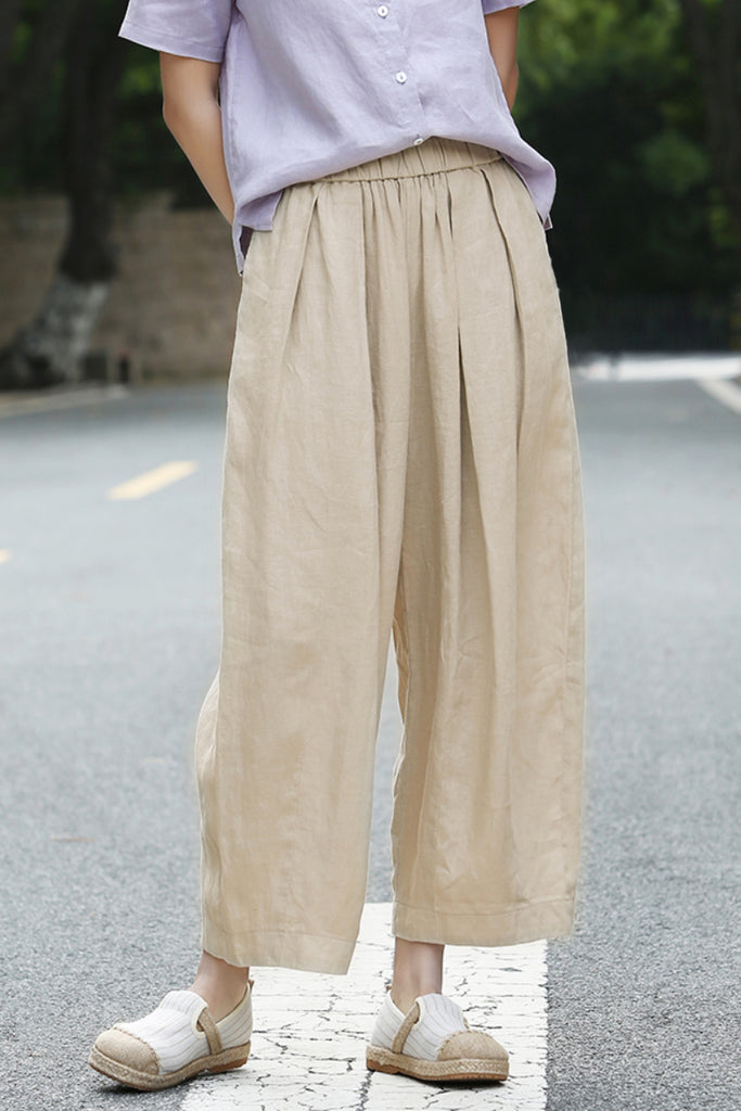 100% Linen Pleated Crop Balloon Pants  Fibflx