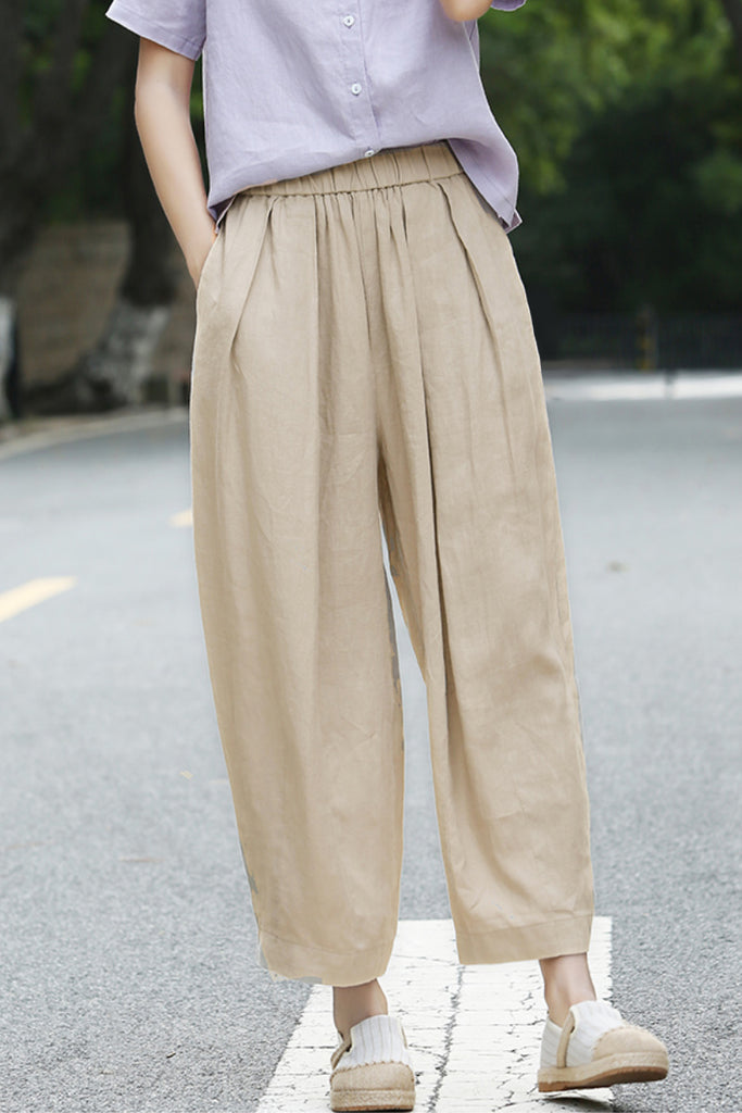 100% Linen Pleated Crop Balloon Pants  Fibflx