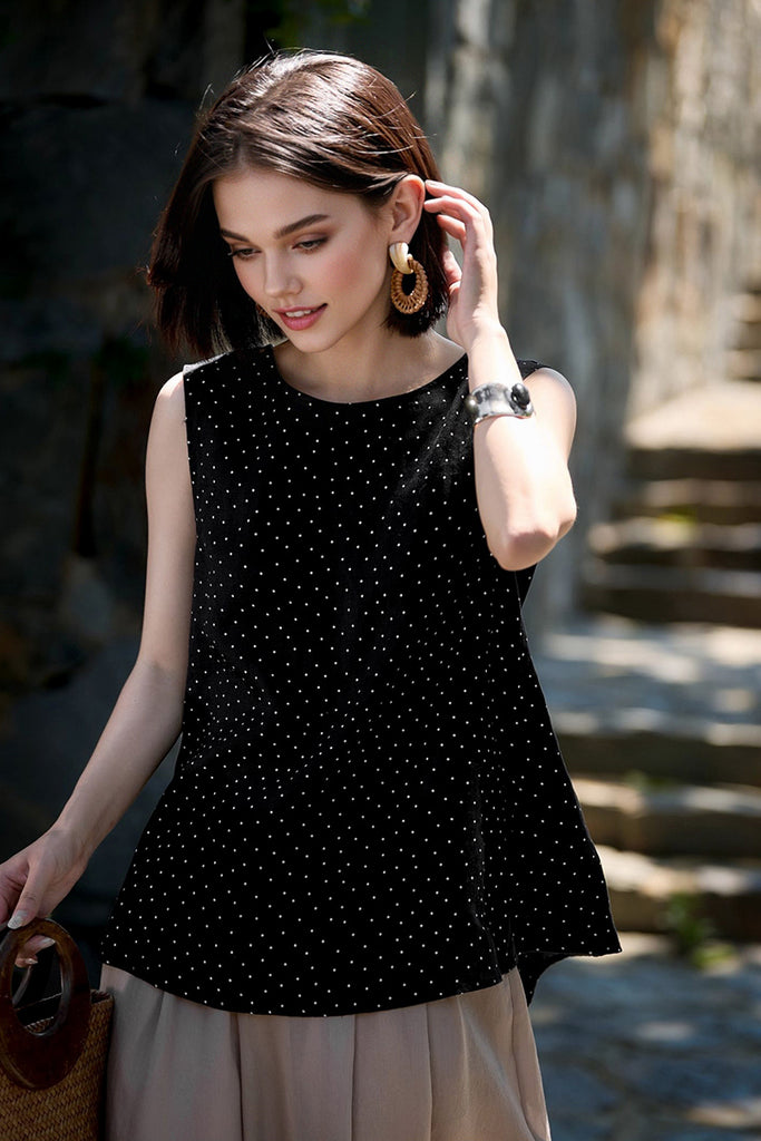 100% Linen Polka Dot Twist-Back Tank Top - Fibflx