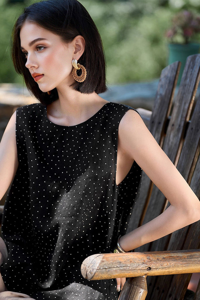 100% Linen Polka Dot Twist-Back Tank Top  Fibflx