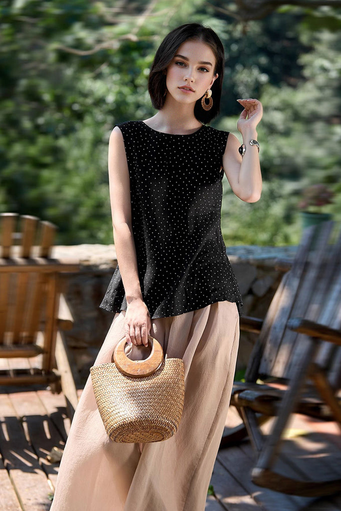 100% Linen Polka Dot Twist-Back Tank Top  Fibflx