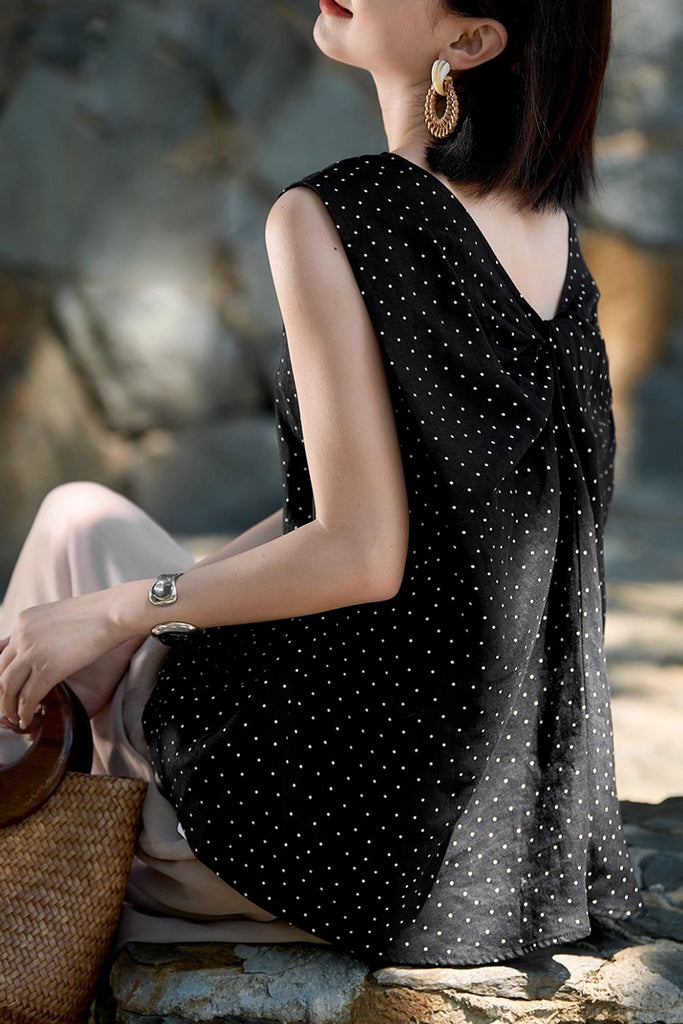 100% Linen Polka Dot Twist-Back Tank Top  Fibflx