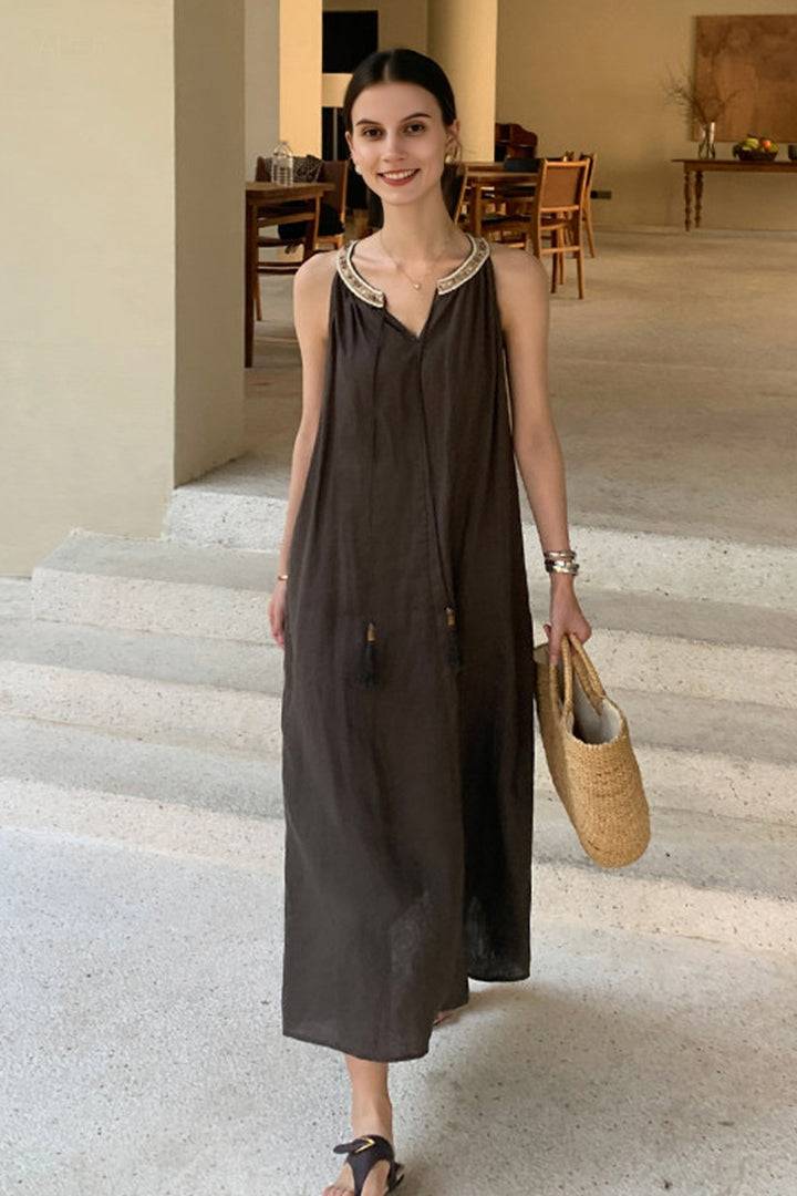 100% Linen Sleeveless Boho Halter Dress Dark Brown / XS