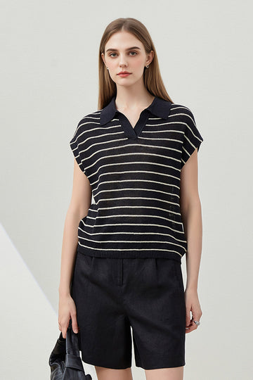 100% Linen Striped Cap-Sleeve Polo Shirt - Fibflx