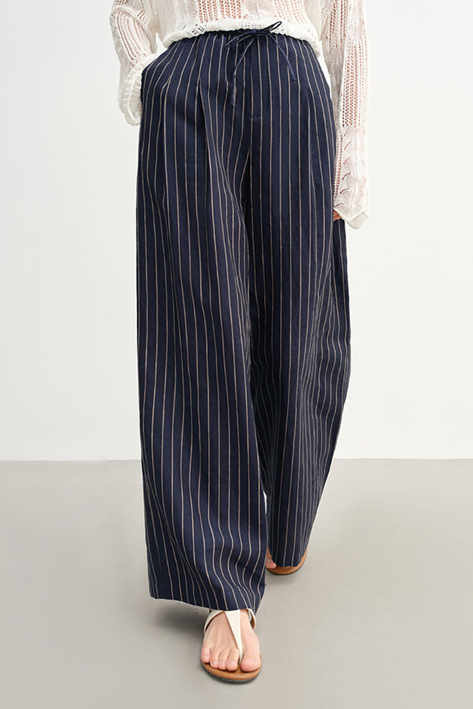 100% Linen Striped Wide-Leg Pants in Navy Blue - Fibflx