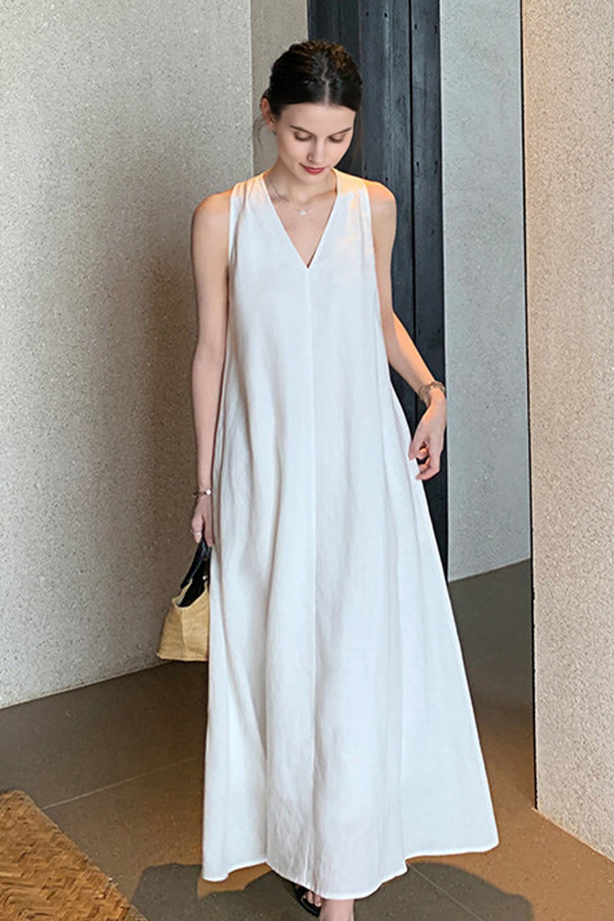 v neck a line summer dress Mafytytpr Summer Dress For Women V Neck Short Sleeve A Line Solid Color Casual Hollow Out Party Dresses Light Blue L