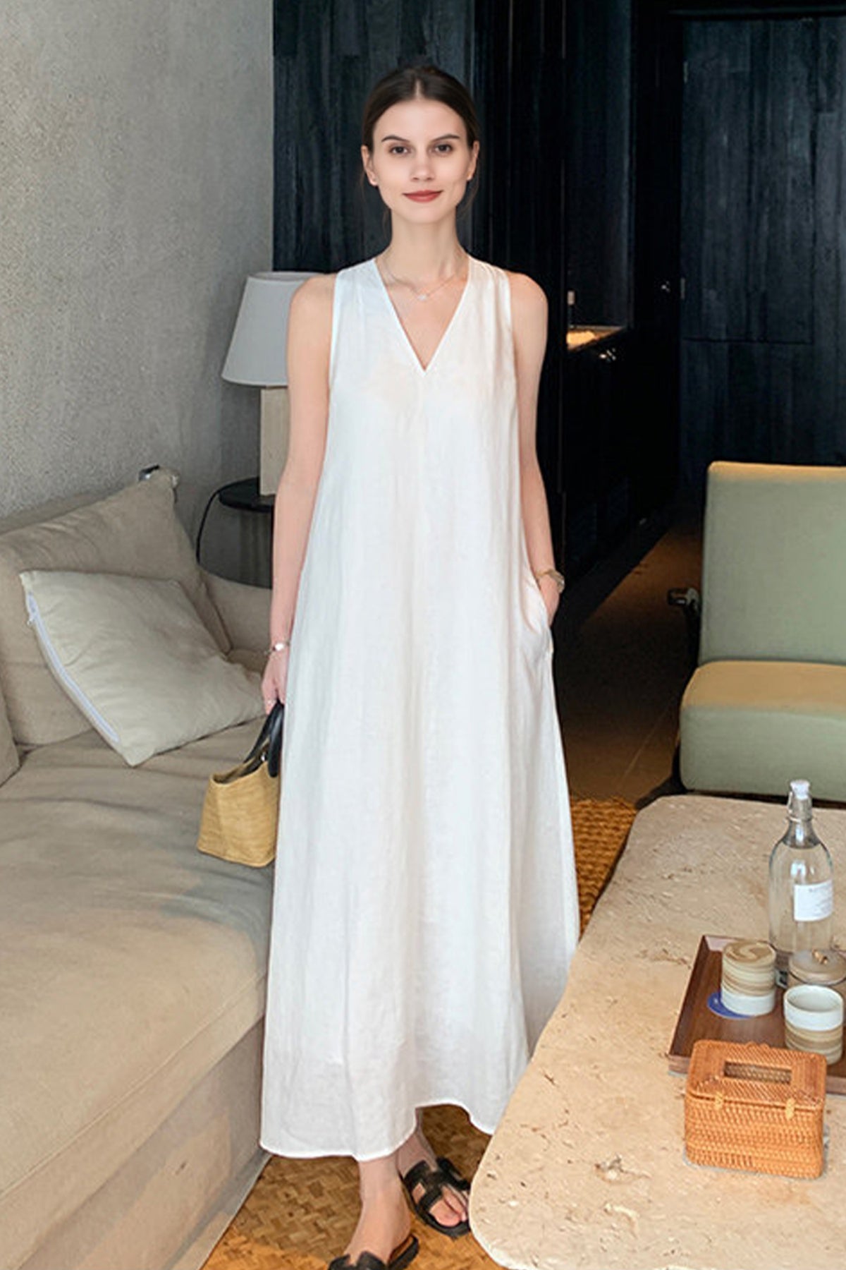 100% Linen V-Neck A-Line Relaxed Summer Dress Off White / M