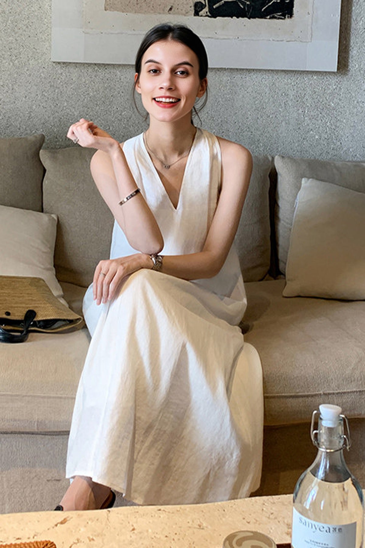 v neck white linen dress Button Down Maxi Dress
